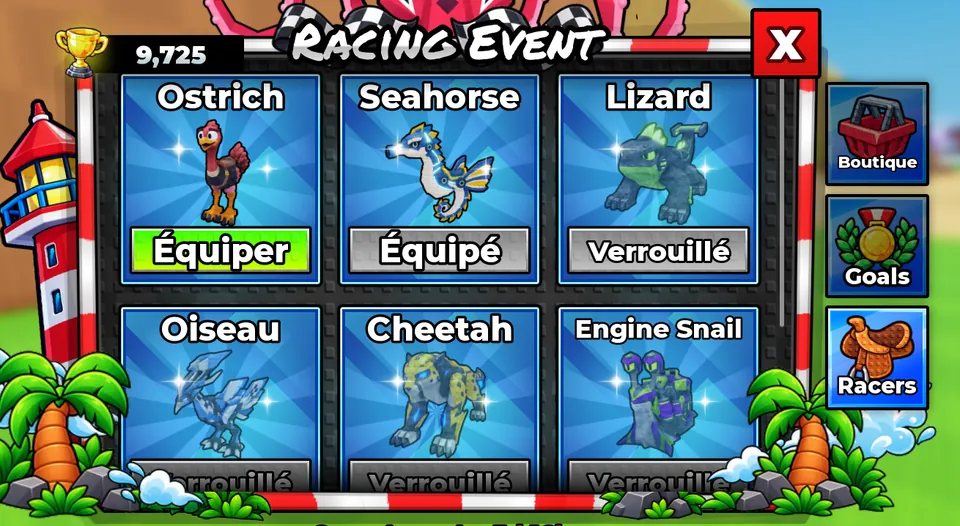 The Racers screen of the Nitro Race: the 6 racers, the seahorse equipped, the others to unlock