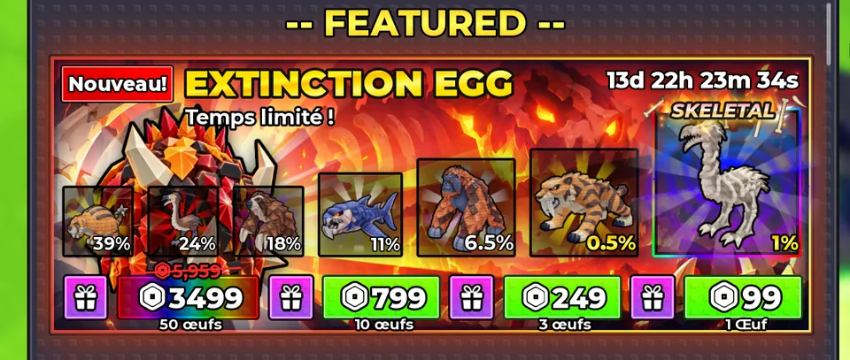 Capture du jeu : l'Extinction Egg dans la Boutique, ses 7 animaux et ses prix