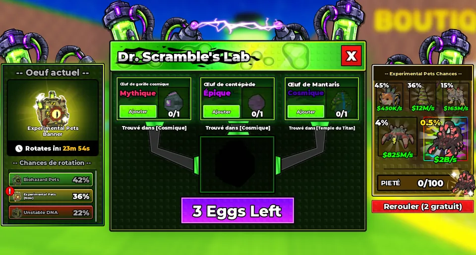Capture du jeu : l'écran du laboratoire, les 3 œufs demandés et les chances des pets expérimentaux