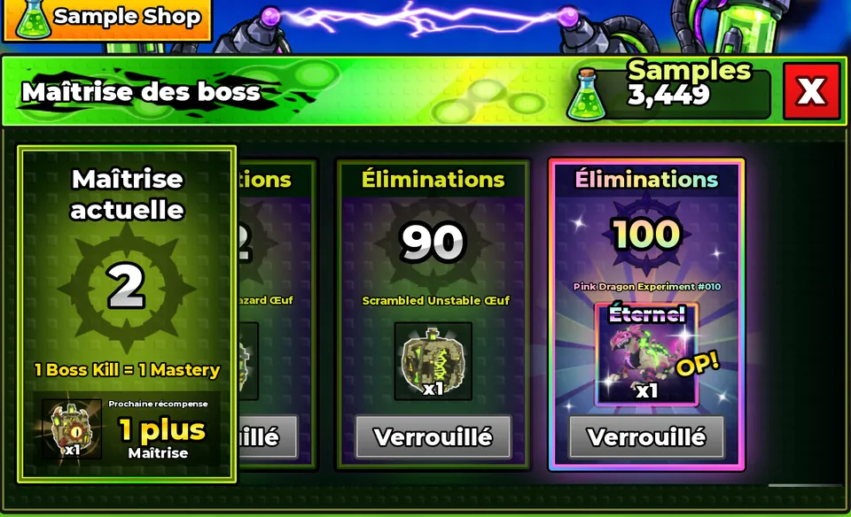 Capture du jeu : l'écran de maîtrise des boss, avec le Pink Dragon Experiment #010 à 100 éliminations